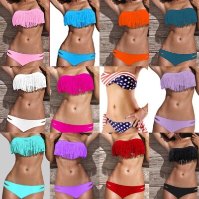 Sexy Push Up Damen Bikini Tassel Fransen Bandeau Badeanzug S-XL Träger