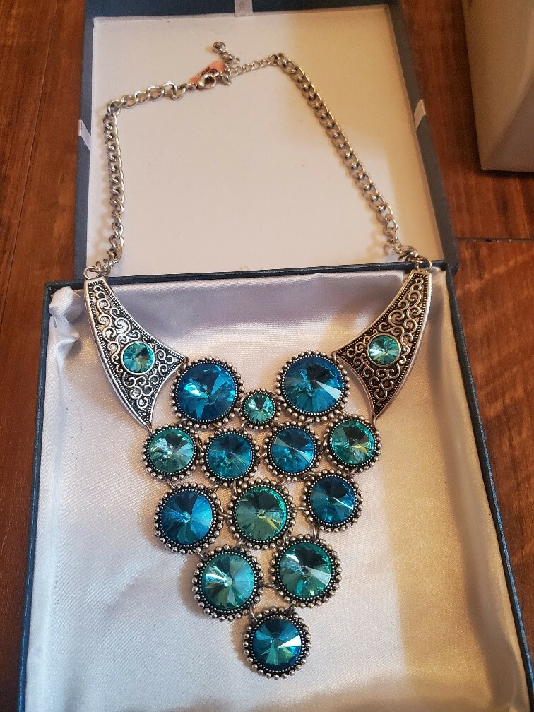 teal rhinestone bib style statement necklace - image 1