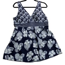 LC Kikit Bathing Suite Size Large One Pice V Neck Navy White Pineapple Flower