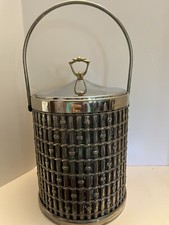 Metal Ice Bucket Bamboo Mid Century Modern Brutalist