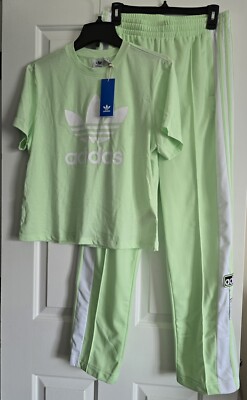ADIDAS ORIGINALS WOMENS ADIBREAK TRACK PANTS And BOXY TEE SZ S Semi Green Spark