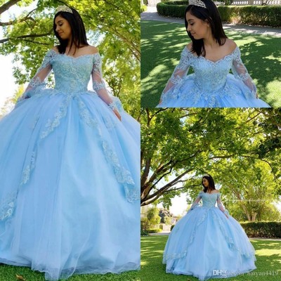 blue long sleeve quinceanera dresses
