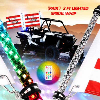 Pair 2Ft RGB Spiral LED Whip Light Antenna w/Flag&Remote For ATV UTV RZR BUGGY 