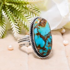 Blue Turquoise Solid 925 Sterling Silver Jewelry Ring, Elegant Christmas Gift