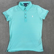 Ralph Lauren Golf Women Medium Teal Stripe Polo Shirt Short Sleeve Tailored Fit