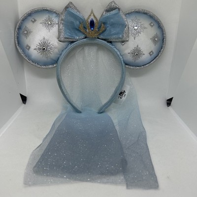 Disney Parks Frozen Elsa Blue Mickey Ears Minnie Mouse Headband w/ Veil