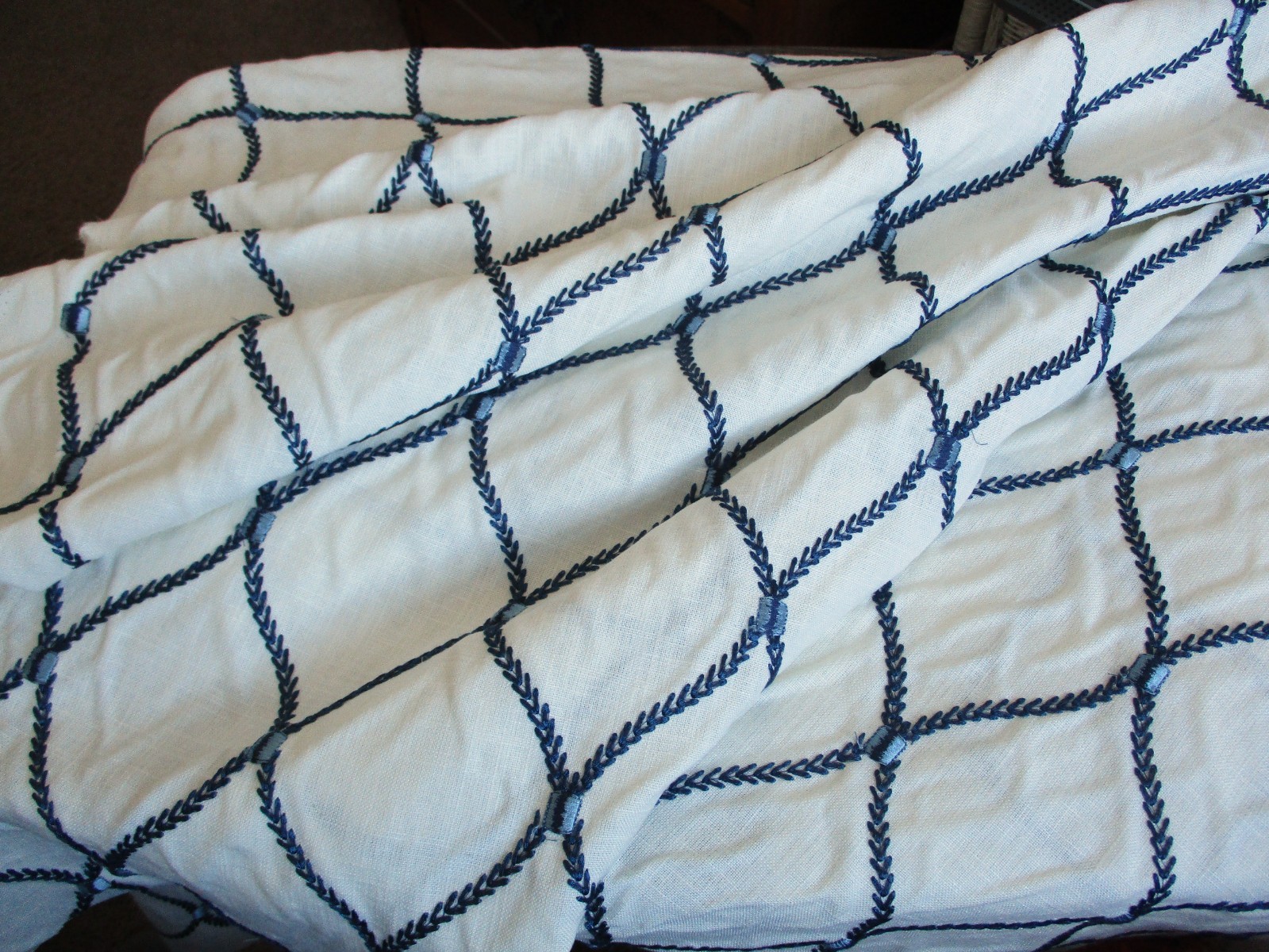 Waverly Deane Embroidery Fabric Linen 2 YD's + Trellis Leaf Blue on Off White thumbnail 6