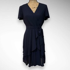 LESLIE FAY Navy Short Flutter Sleeve Faux Wrap Ruffle Hem Dress Size 4 | EUC