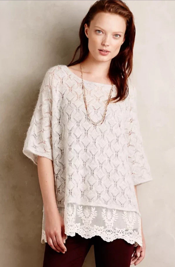 Anthropologie Knitted & Knotted Lace Trimmed Poncho Open Delicate Alpaca Cream