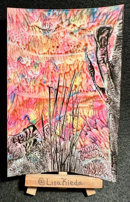 4x6 Original Desert Sunset Cactus Landscape Nature Wax Painting 