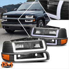For 99-06 Silverado Suburban Tahoe LED DRL Black Amber Headlight w/Parking Light