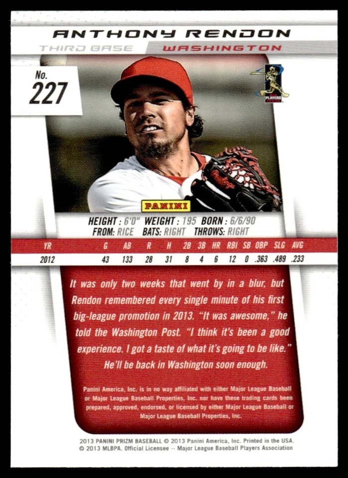 2013 Panini Prizm Anthony Rendon Rookie Washington Nationals #227 - Image 2 of 2
