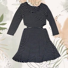 American Eagle S Fit & Flare Striped Long Sleeve Dress Black White
