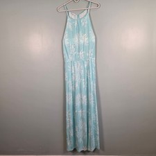 Lascana Aqua Blue Tropical Palm Leaf Print Halter Maxi Dress Womens US 8