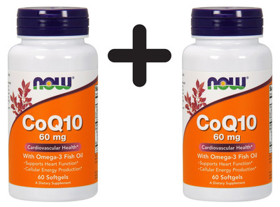 2 x NOW Foods CoQ10, 60mg with Omega-3 - 60 softgels (308,33 EUR/kg)