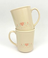 Corning Glass Coffee Mug Set 2 Beige Pink Heart Floral Decorated Country