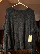 Melrose And Market Chenille Sweater Ruffled Sleeve & Bottom Size 1X Blue Cozy