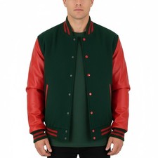 Varsity Baseball Letterman Bomber F-Green & Red Leather Premium Quality Jacket