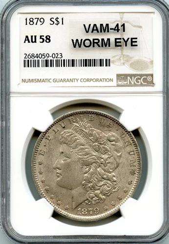 C7404- 1879 VAM-41 WORM EYE MORGAN DOLLAR NGC AU58