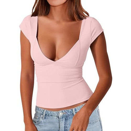 Damen Sexy Tiefer V-Ausschnitt Bluse Tops Kurzarm Slim Fit T-Shirts Trendy T-Shirts - Bild 15 von 24