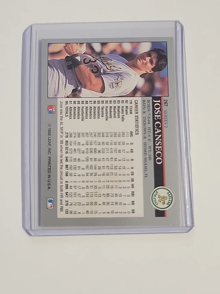 1992 Leaf Jose Canseco #267 Oakland Athletics Mint Shape  Baseball Card - Image 2 of 2