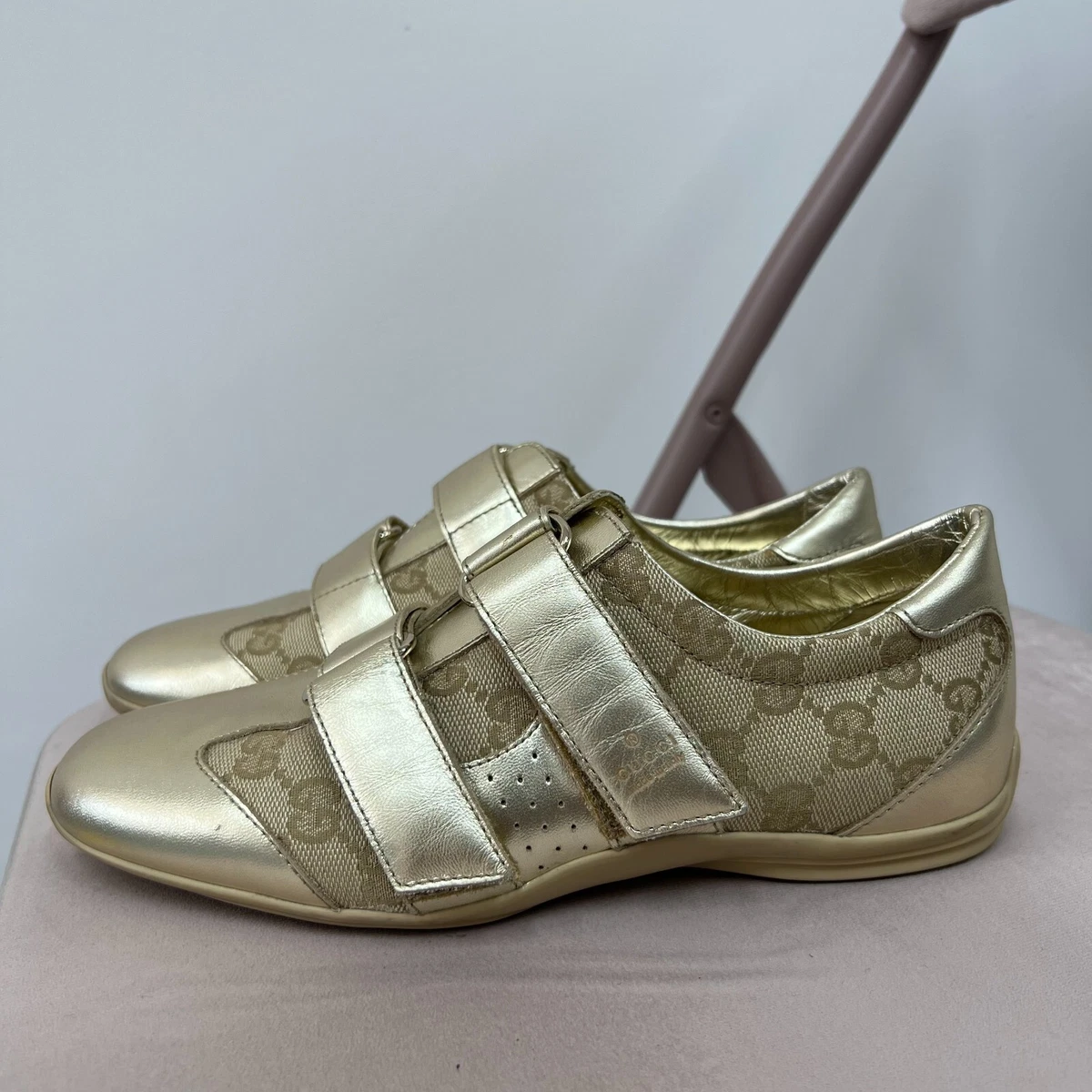Gucci Guccissima Canvas Leather Gold Sneakers Trainers Shoes
