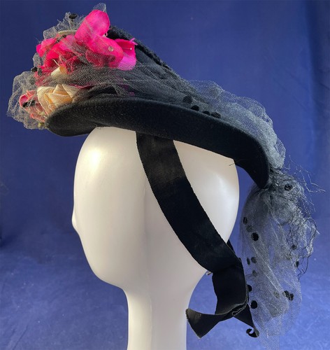 Vintage New York Creation Black Curly Lambs Wool Pink Roses Tilt Cocktail Hat - Picture 3 of 4