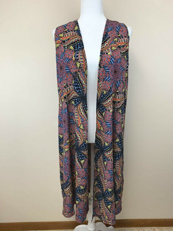 Lularoe S Joy Duster Vest Mosaic Geo Floral Black Blue