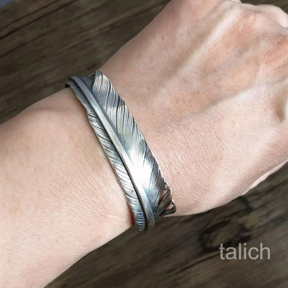 Brazalete de plumas de plata de ley 925 maciza ajustable detalles finos únicos Foto 2 de 4