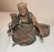 rare antique cold painted metal gypsy lady smoking ashtray match holder stand