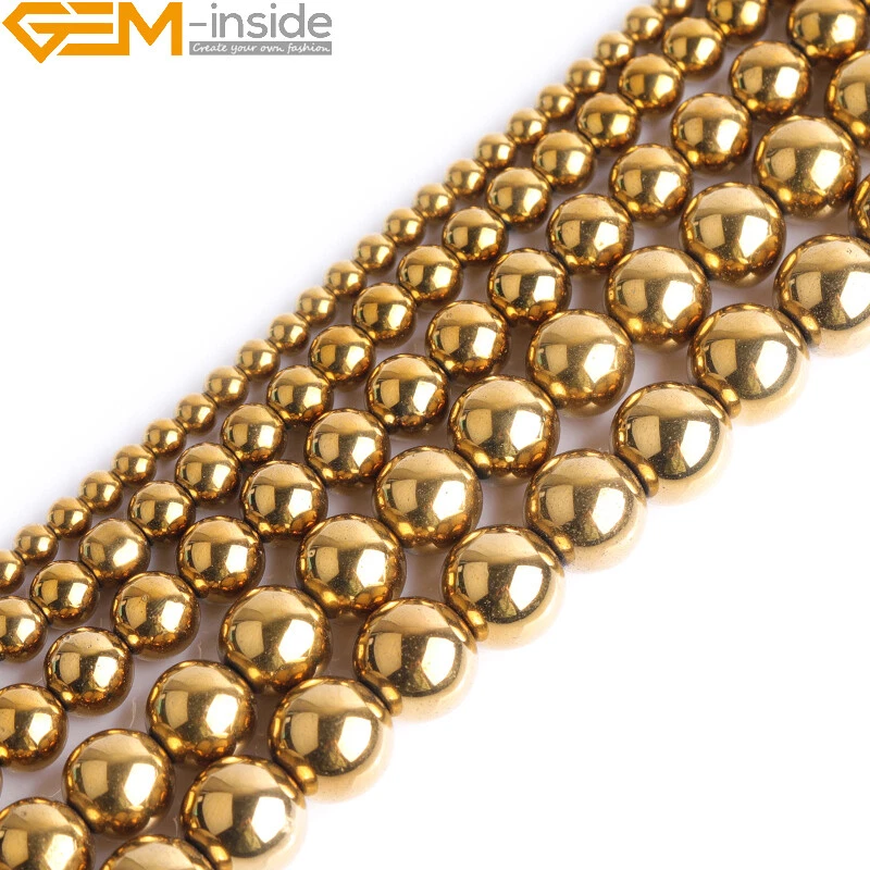 Metallic Coated Hematite Stone Spacer Gold Beads For Jewelry Making 15" Round - Image 2 of 4