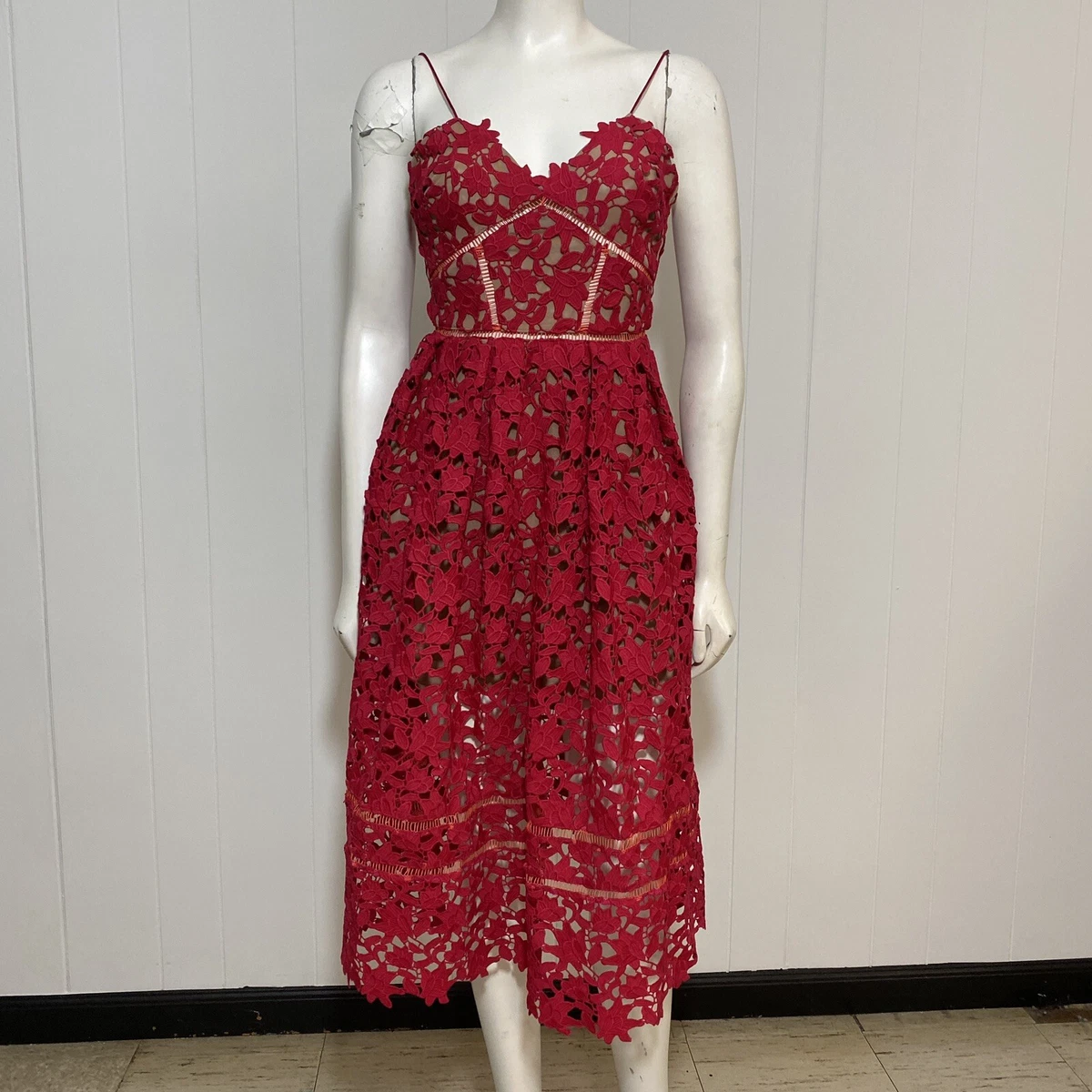 self portrait red floral lattice lace dress Self-Portrait - Burgundy Floral Lace Midi Dress
