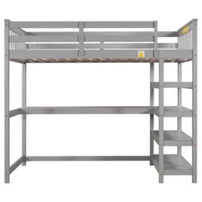 New Practical Twin Size Loft Bed with Storage Shelves and Under-bed Desk, Gray