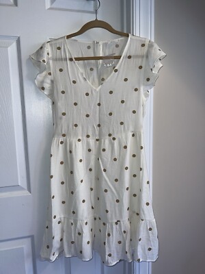 DRESS - MINE - Short Flutter Sleeves -V-neck -Off White/Beige Dots - Medium -NWT