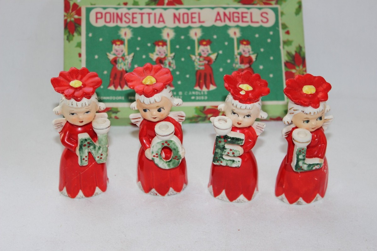 Commodore vintage NOEL poinsettia Angels Christmas candleholders