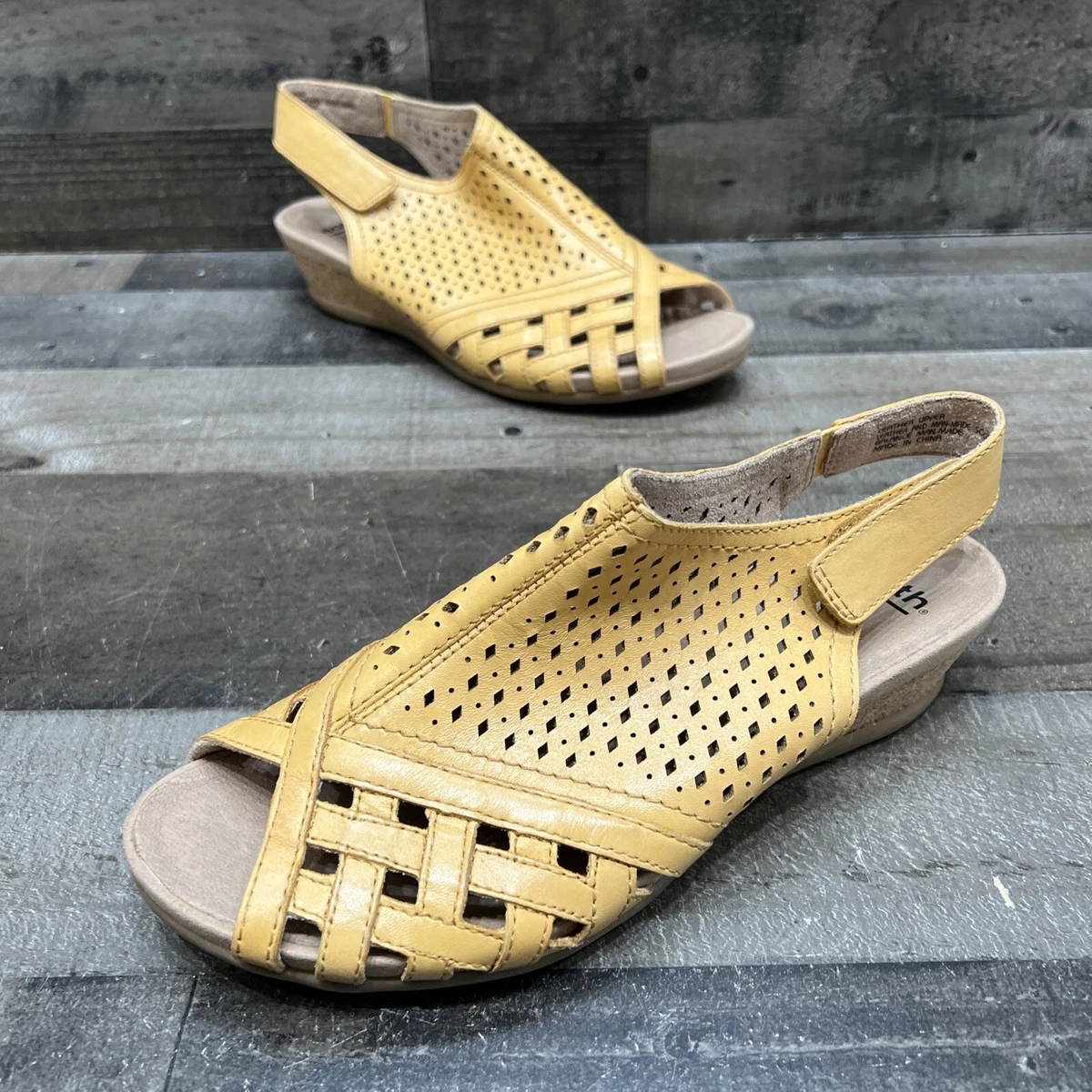 Earth Galli Amber Yellow Leather Slingback Wedge Sandals Size 9 M