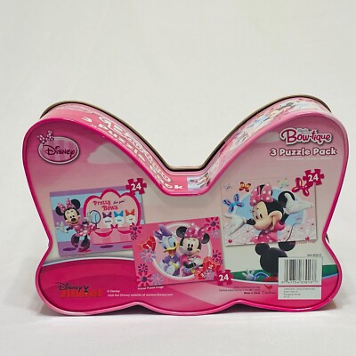 Disney Minnie Mouse Bow-Tique 3-Puzzle pack, 24 Piece Puzzle In Tin Lunch Box