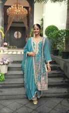 Sky Blue Color Heavy Chinnon Silk Palazzo Suit With Designer Dupatta For Women
