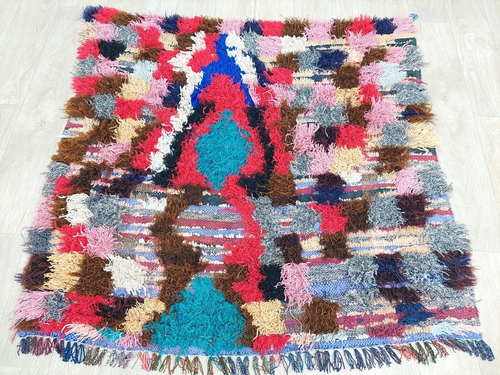 Vintage Handmade Area Rug 4x4 Colorful Geometric Moroccan Berber Boujaad Carpet - Picture 3 of 10