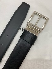 Prada men's silver-button black leather belt