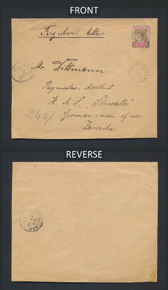 FUNDA SEYCHELLES 1899 A ZANZÍBAR QV 30c REGISTRADA A ALEMÁN -HOMBRE-DE-GUERRA Foto 3 de 4