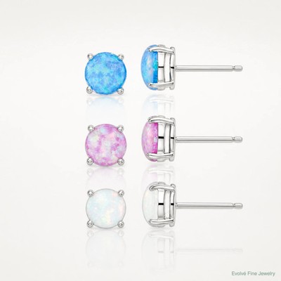 Sterling Silber RH-Pltd Rosa/Weiß/Blau 7mm Cr. Opal 3 Paar Ohrring Set