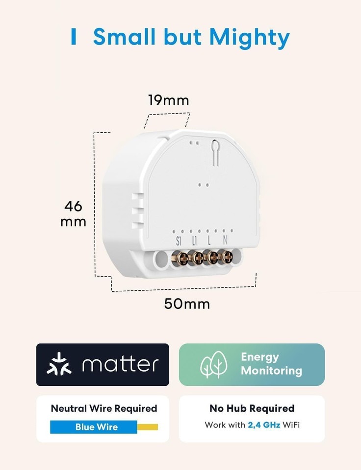 Relay Switching Module Meross Matter Smart Switch, In-Wall Relay Module with Energy Monitor ...