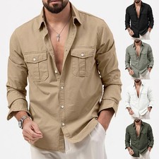 Mens Soft Cargo Shirt Casual Cotton Button Down Tops Army Blouse Pockets Shirts
