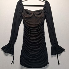 Blue Blush Black Mesh Ruched Corset Mini Dress Lined Long Sleeve Small