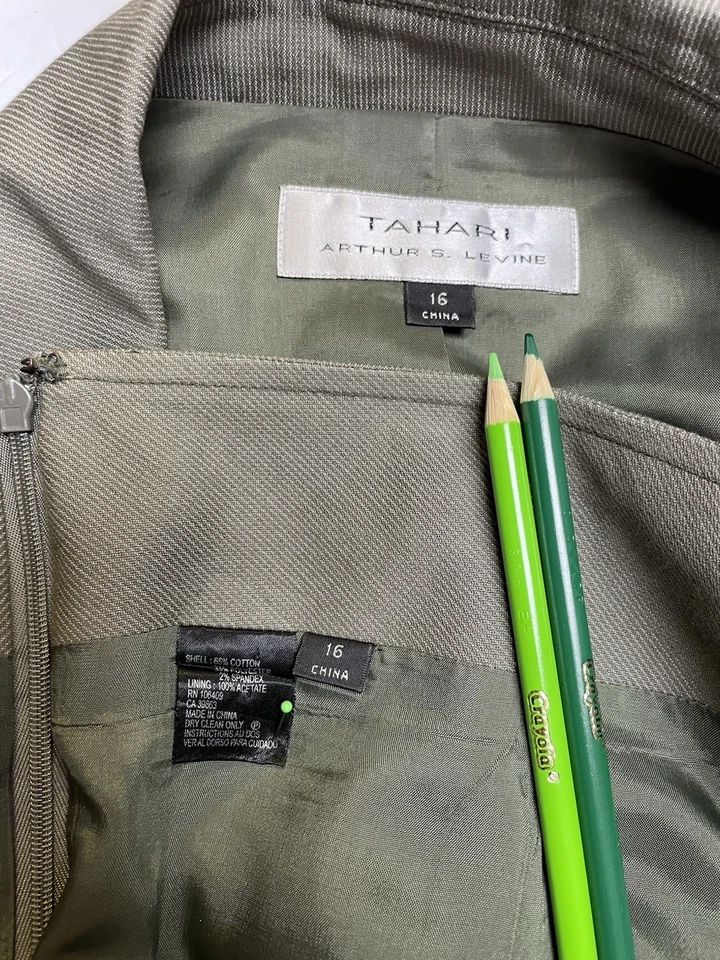 Tahari ASL юбка костюм размер 16 два изделия комплект хлопковая смесь военного стиля оливковый - Изображение 2 из 4