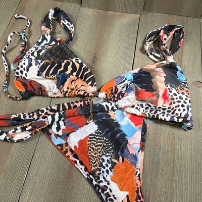 Womens Leopard Floral High-Waisted Bikini Set, Size M