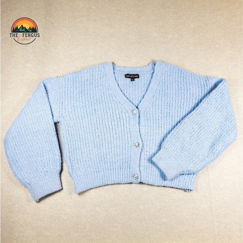 Cardigan quasi famoso spilla suoneria blu pastello trendy crop cavo maglia taglia L - Foto 2 di 11