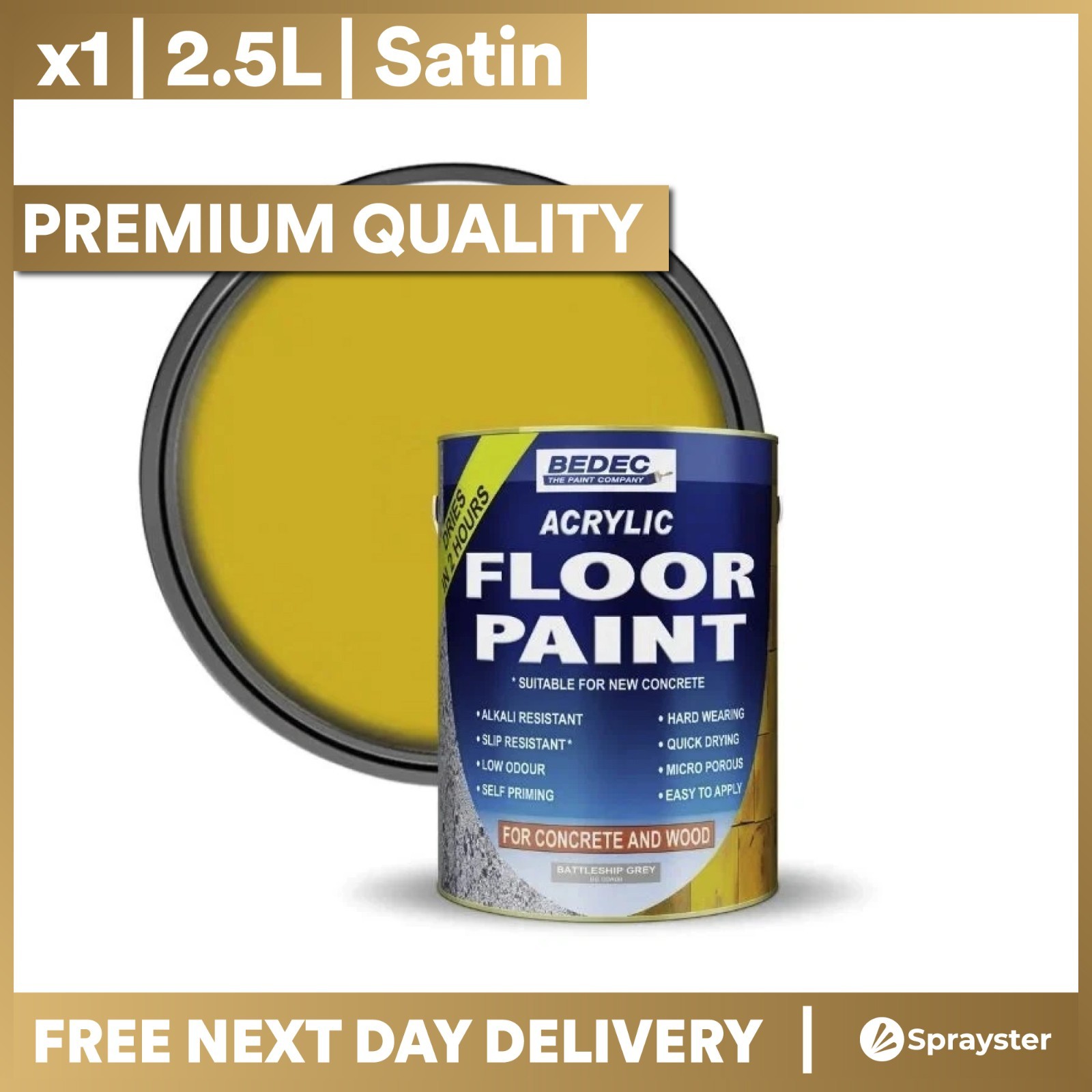 Bedec Premium Acrylic Anti-Slip Floor Paint Easy Clean Yellow 2.5L