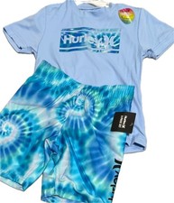 Hurley boys 6 NWT swim trunks suit rash guard shirt SET blue tie dye beach